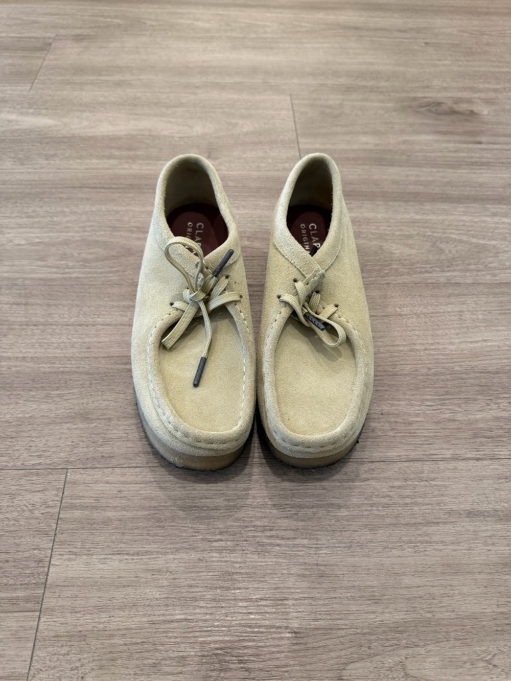 Clarks Women’s Wallabee Moccasin in Beige Suede